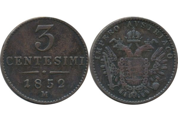 Italy 3 centesimi 1852 Lombardy VF+