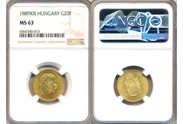 8 Forint/20Fr 1889 NGC MS63