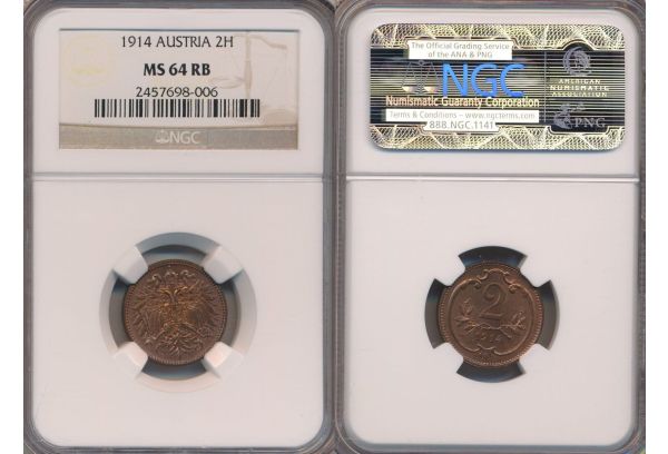Austria 2 Heller 1914 Franz Joseph I NGC MS 64 RB