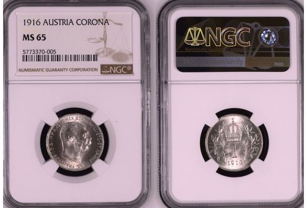 AUSTRIA 1 CORONA 1916 Franz Joseph I NGC MS 65