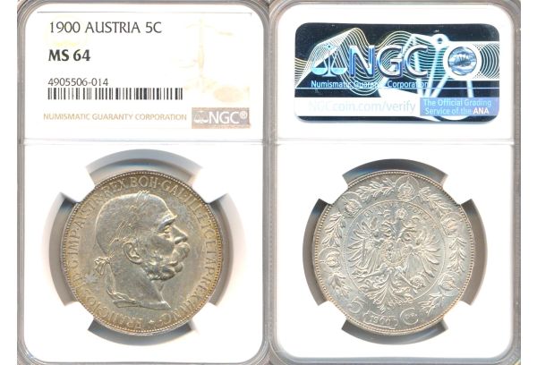 AUSTRIA 5 Corona 1900 Franz Joseph I NGC MS 64
