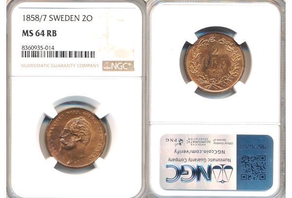 SWEDEN 2 Öre 1858/7 Oscar I NGC MS 64 RB Top Pop
