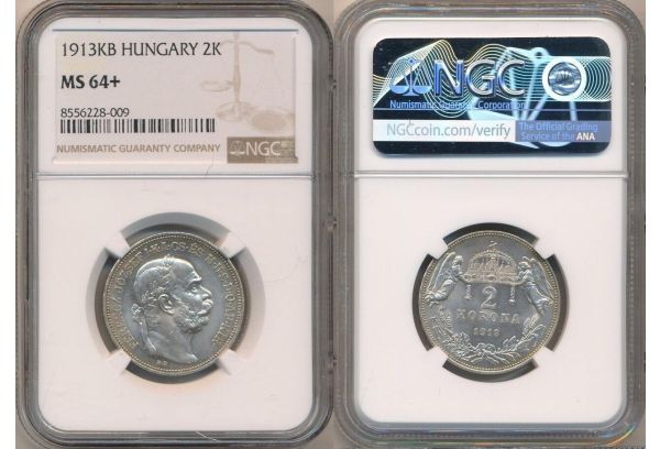 HUNGARY 2 KORONA 1913 KB Francis Joseph I NGC MS 64+