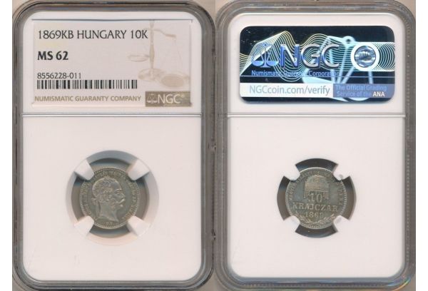 HUNGARY 10 KRAJCZAR 1869KB Francis Joseph I NGC MS 62