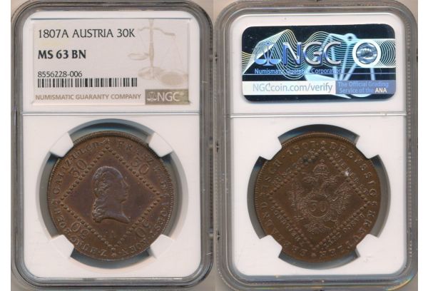 30 KREUTZER 1807A Francis I of Austria NGC MS 63 BN