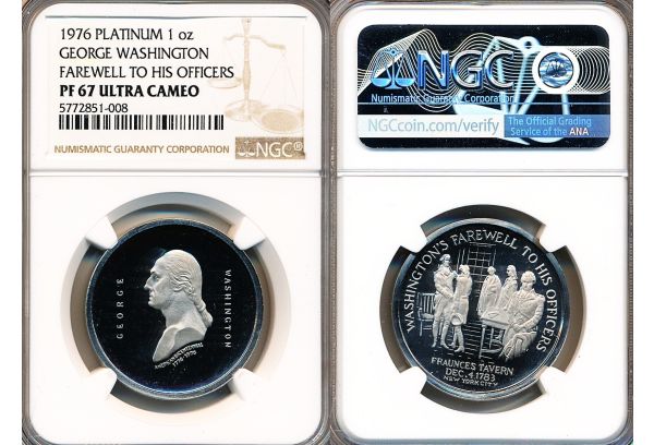 PLATINUM 1 oz Medal 1976 George Washington farewell to his officers NGC PF 67 UC