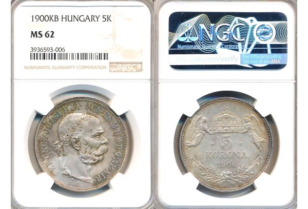 HUNGARY 5 Korona 1900 KB Franz Joseph I NGC MS 62