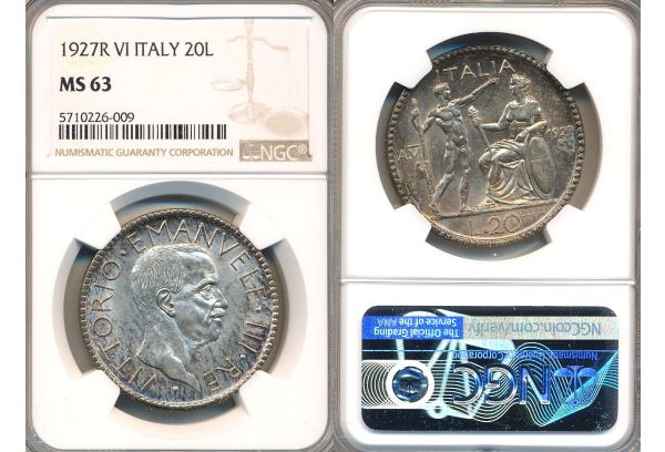 ITALY 20 Lire 1927 R VI Victor Emmanuel III NGC MS 63