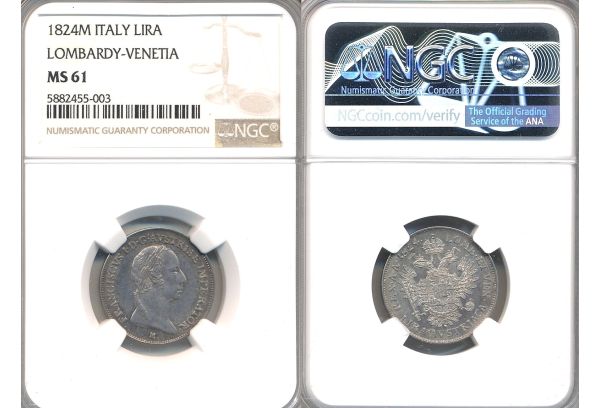 ITALY 1 LIRA 1824 M Francis I NGC MS 61