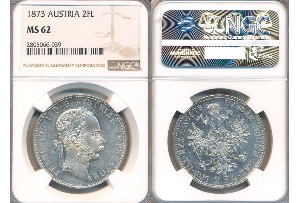   AUSTRIA 2 Florin 1873 Franz Joseph I NGC MS 62