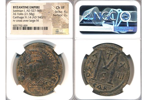 BYZANTINE EMPIRE AE Follis Justinian I, AD 527-565 Cartagena NGC 