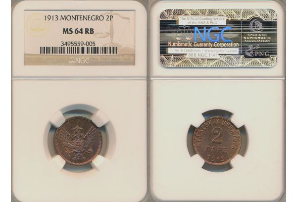 MONTENEGRO 2 Para 1913 Nikola I NGC MS 64 RB