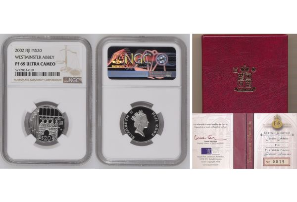 FIJI 20 Dollars 2002 Westminster Abbey - Platinum NGC PF 69
