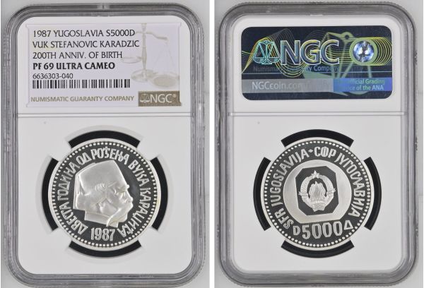 YUGOSLAVIA 5000 Dinara 1987 200th Anniversary of birth of Vuk Karadzic NGC PF 69 UC