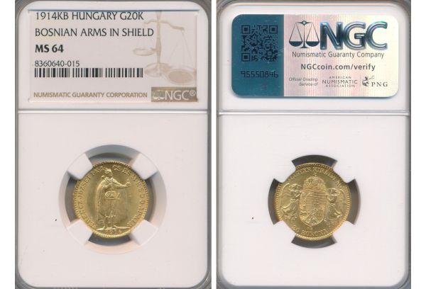 20 Korona 1914 Bosnian arms NGC MS 64